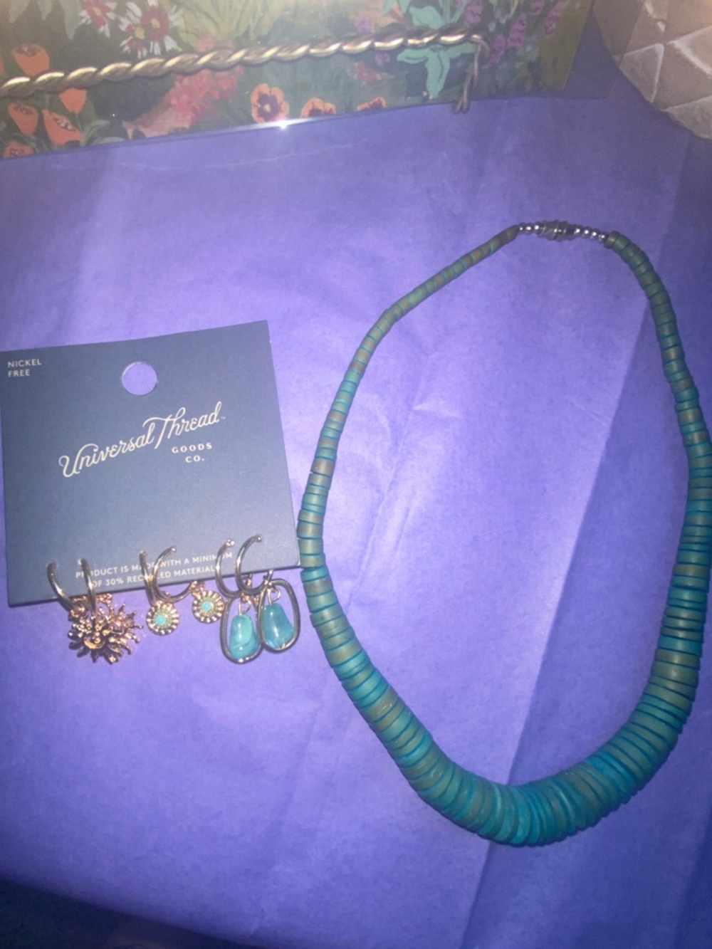 Universal Thread Teal Disc Bead Necklace with Gold Accent Earrings